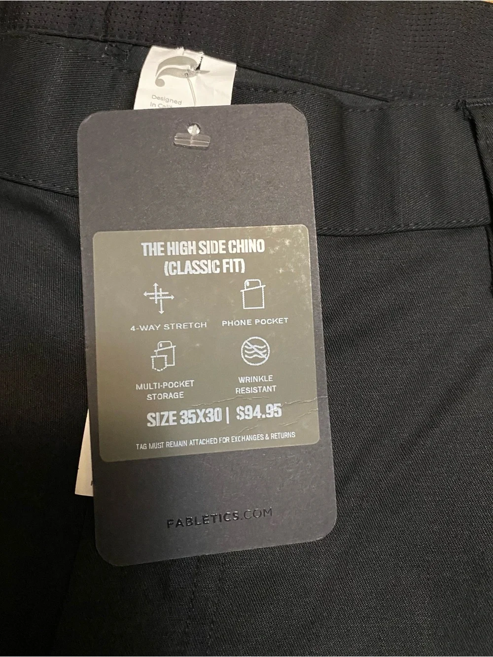 Fabletics Men’s Black High Side Chino Pants 4 Way Stretch Size 35X30 NWT